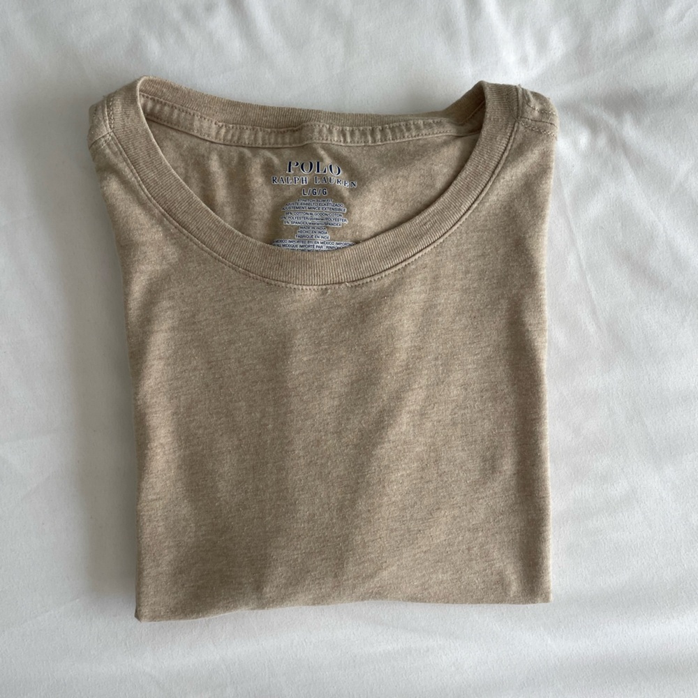 Polo Ralph Lauren Beige Tan Basic White Logo Hem T-Shirt